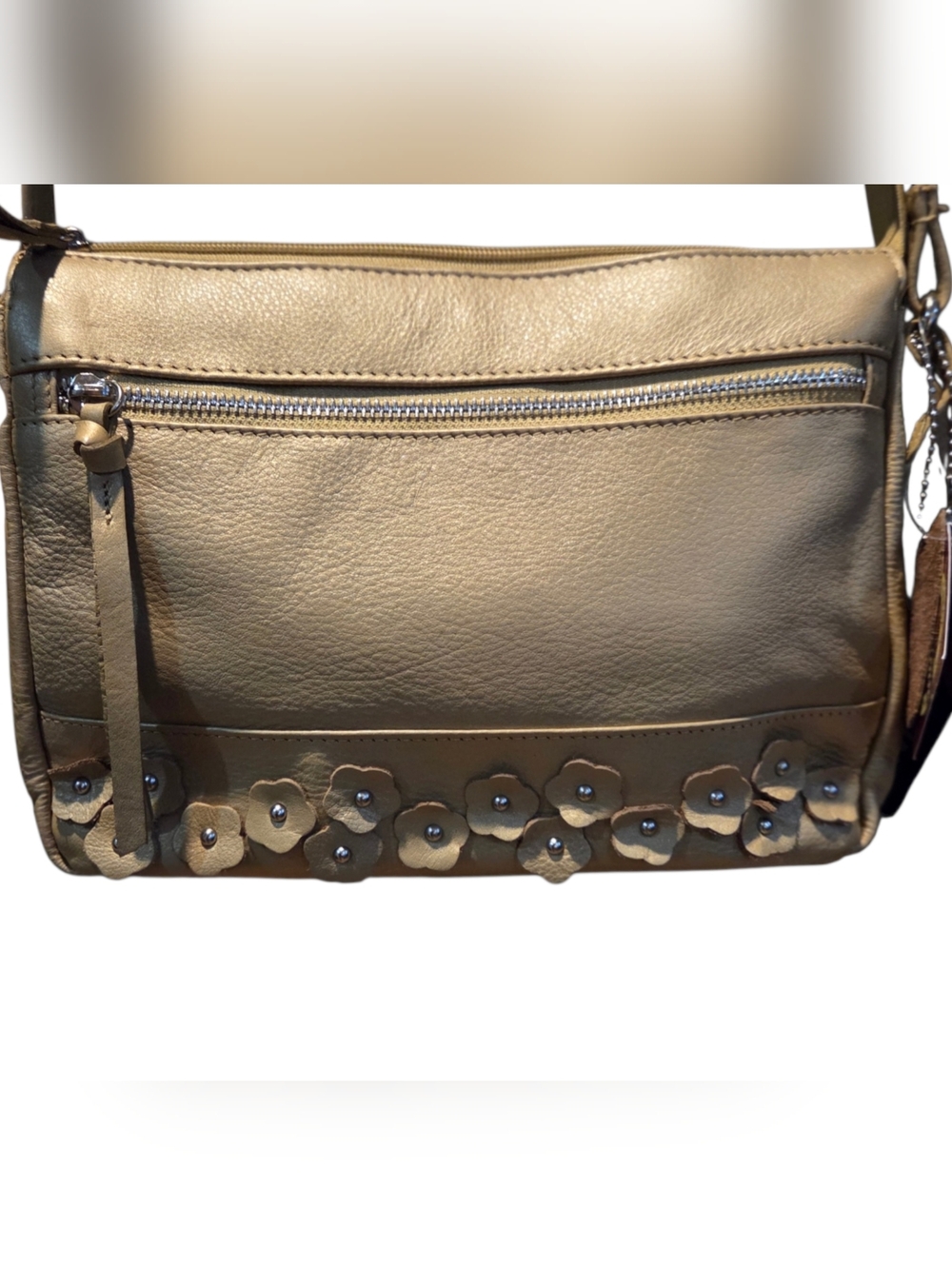 Great American Leather - NEW Shimmery Beige Leather Crossbody Bag Floral Studded - Picture 2 of 13